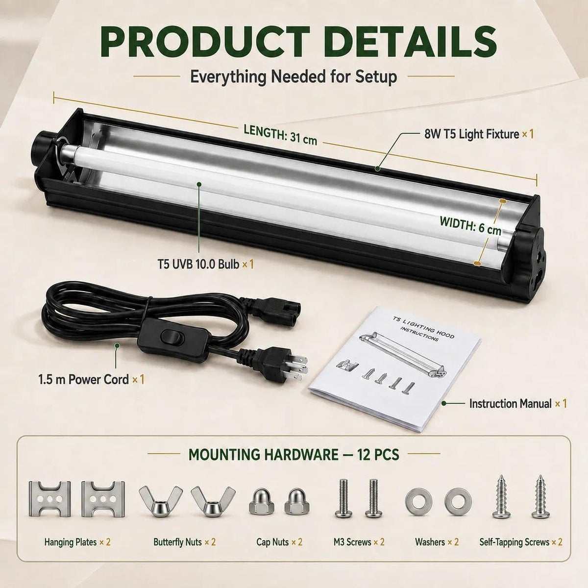 8W 10.0 12 Inch T5 UVB Reptile Light Fixture with Bulb H1102