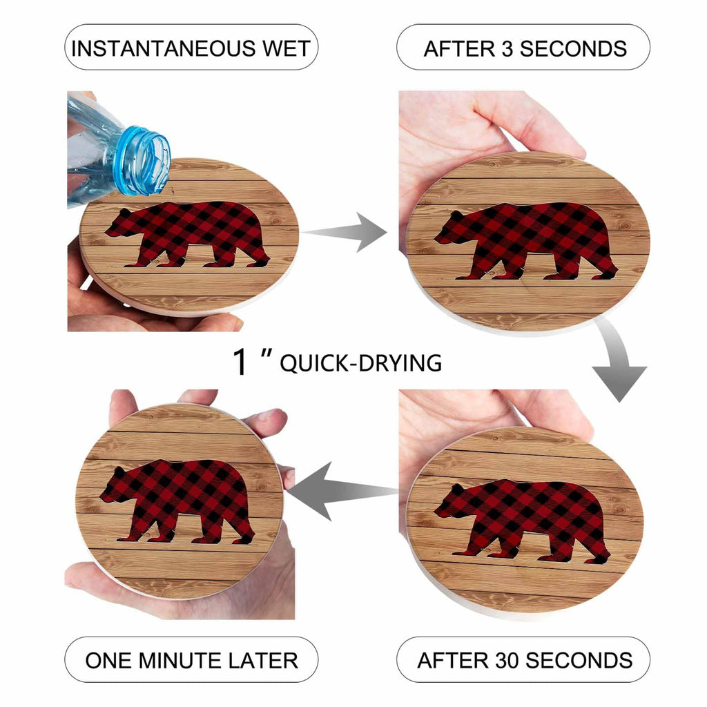 Red Black Plaid Bear Ceramic Coasters Set of 6 with Holder A425