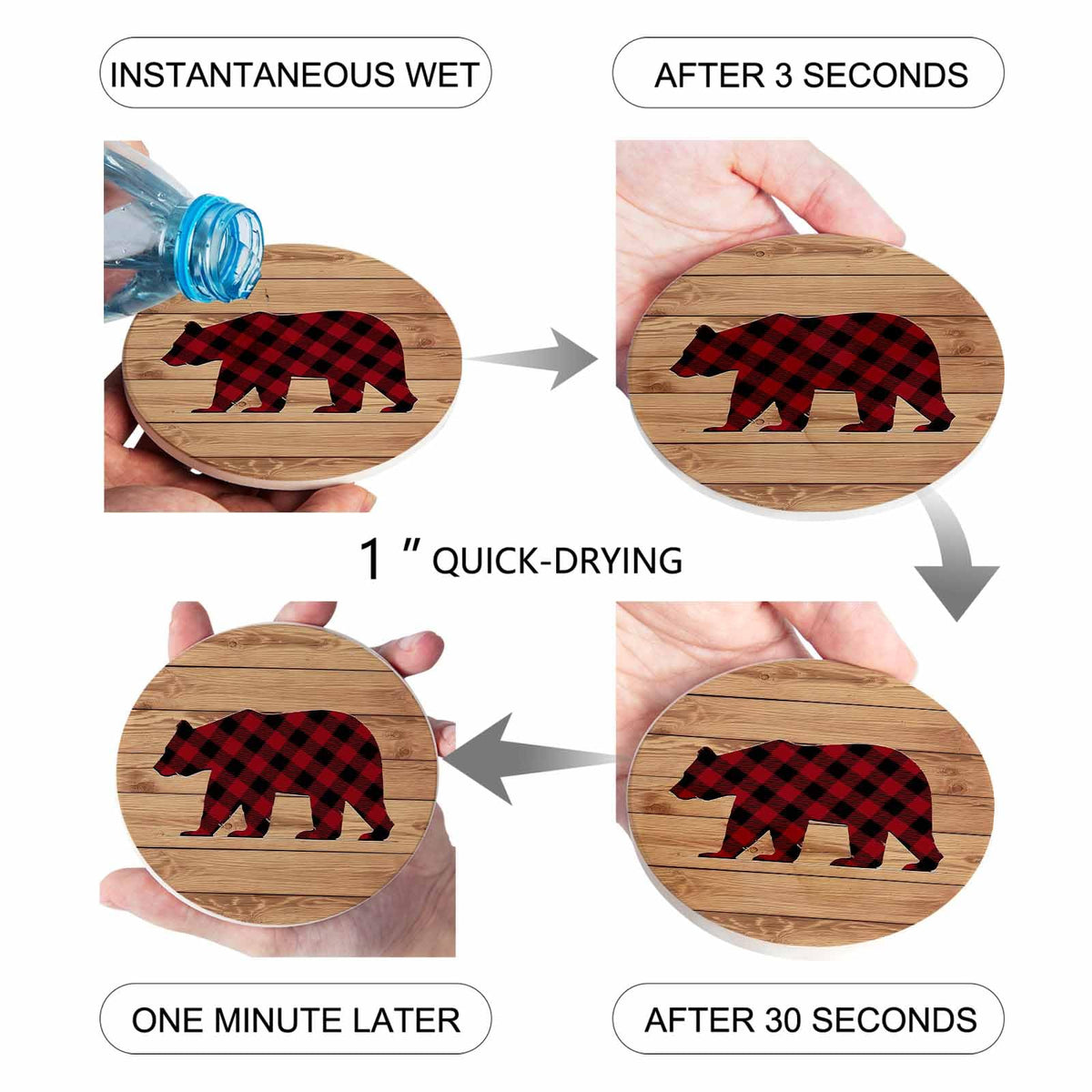 Red Black Plaid Bear Ceramic Coasters Set of 6 with Holder A425