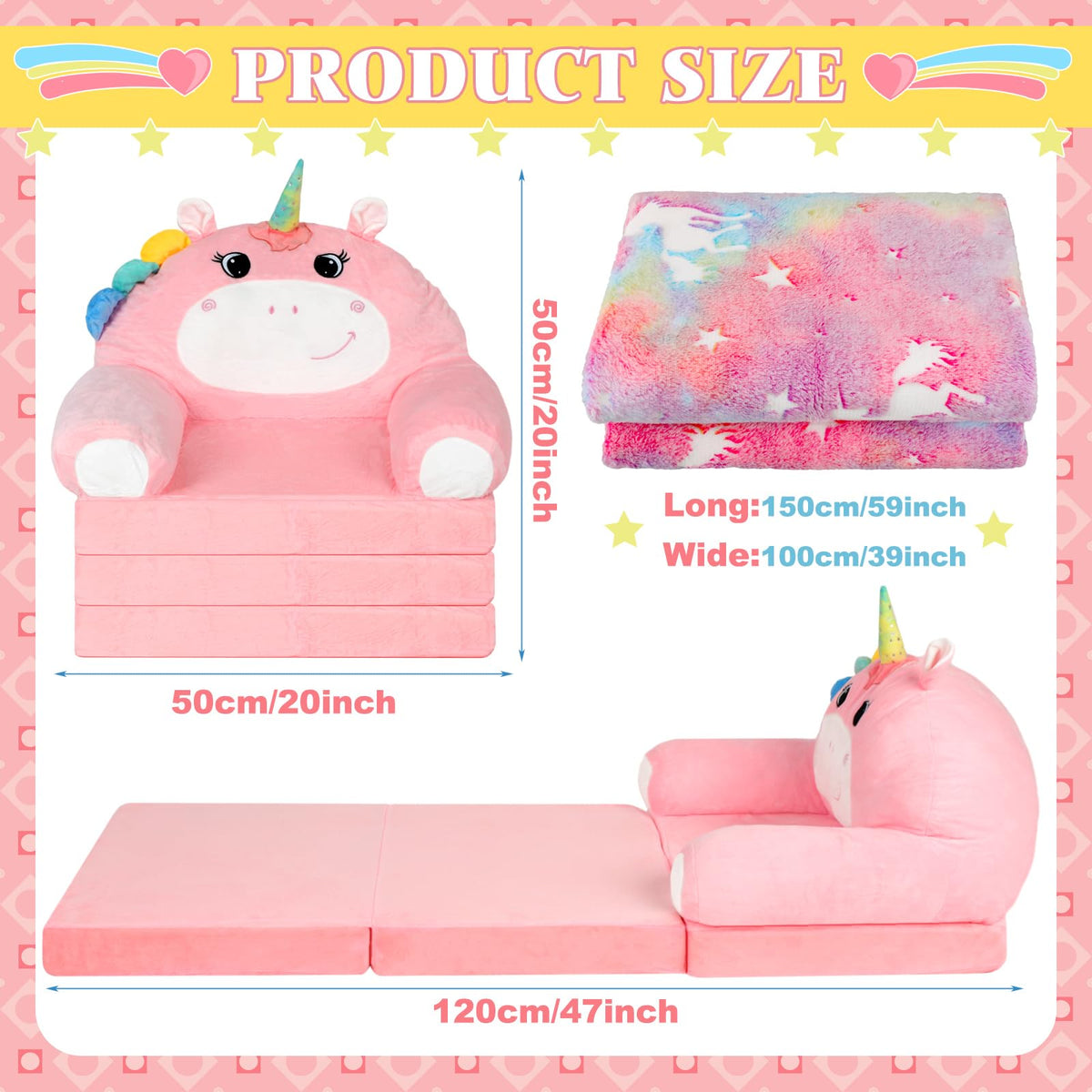 2-in-1 Fold Out Kids Sofa with Flannel Blanket A603875