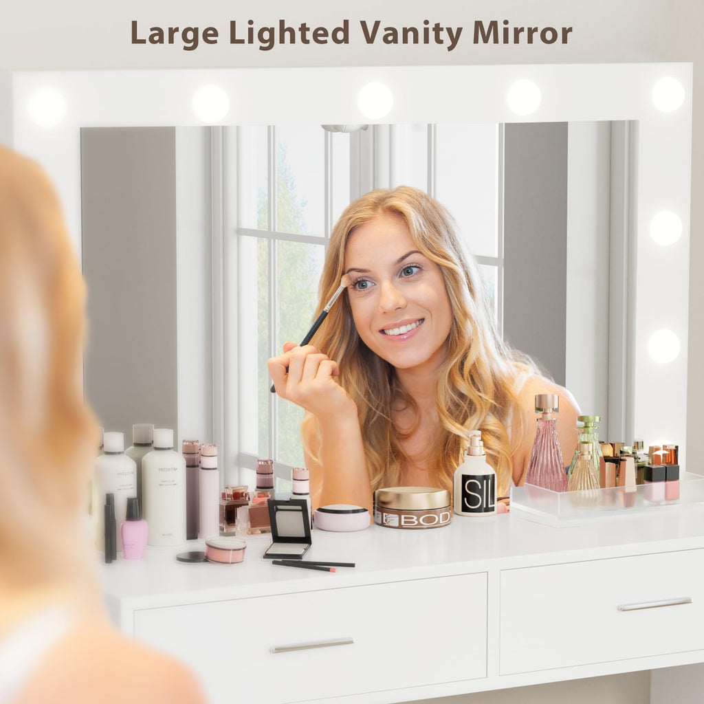 White Vanity Desk Set with Lighted Mirror and 2 Drawers L648