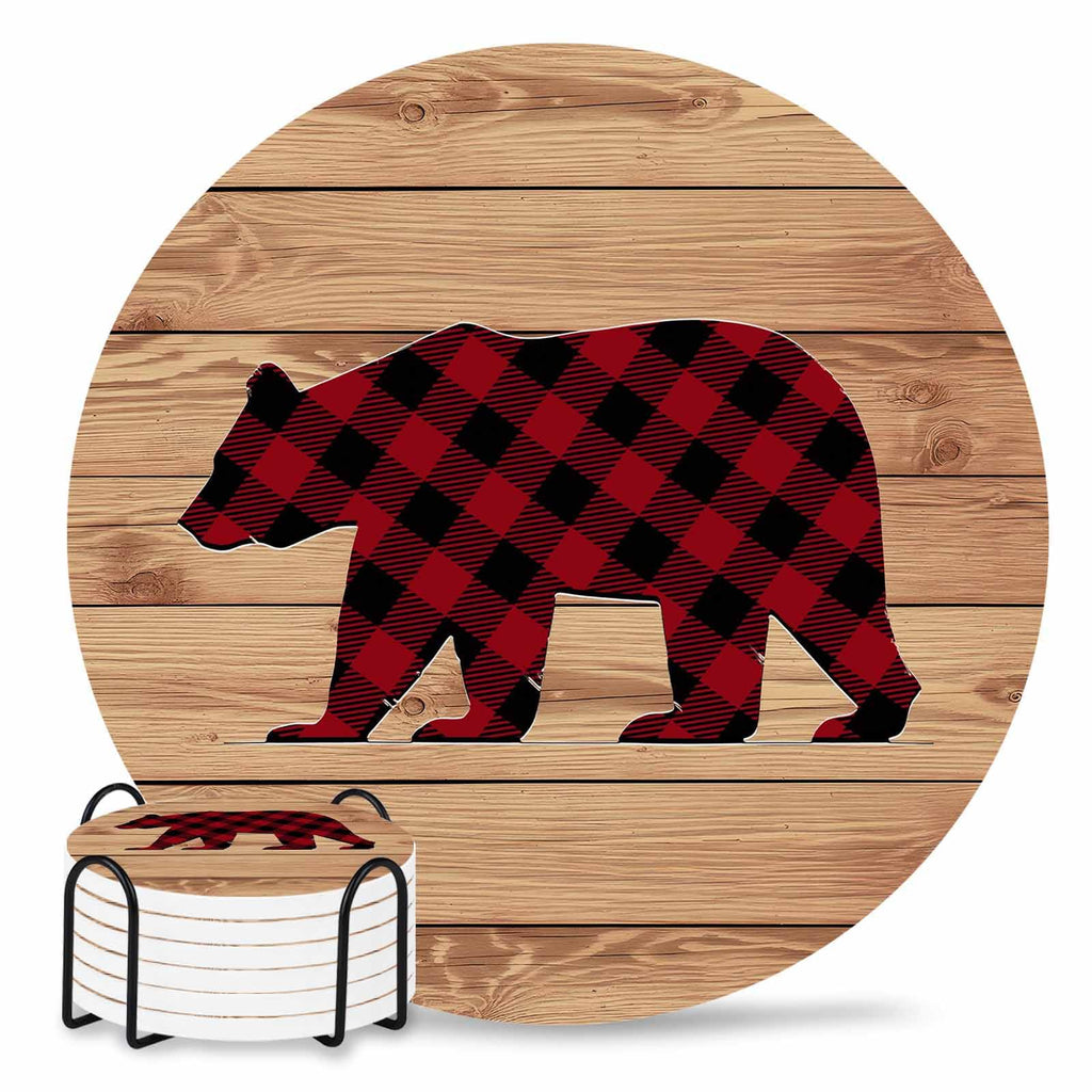 Red Black Plaid Bear Ceramic Coasters Set of 6 with Holder A425