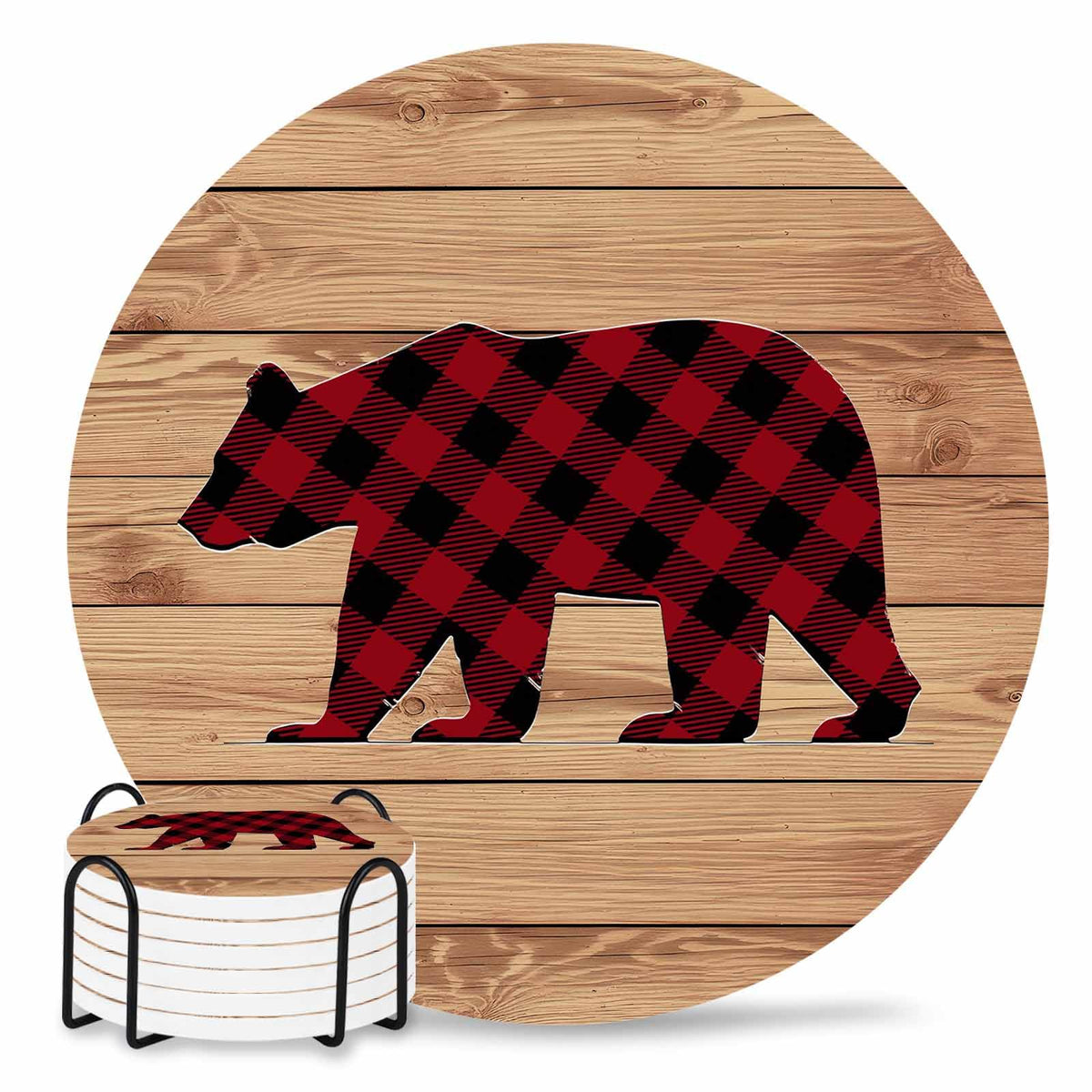 Red Black Plaid Bear Ceramic Coasters Set of 6 with Holder A425
