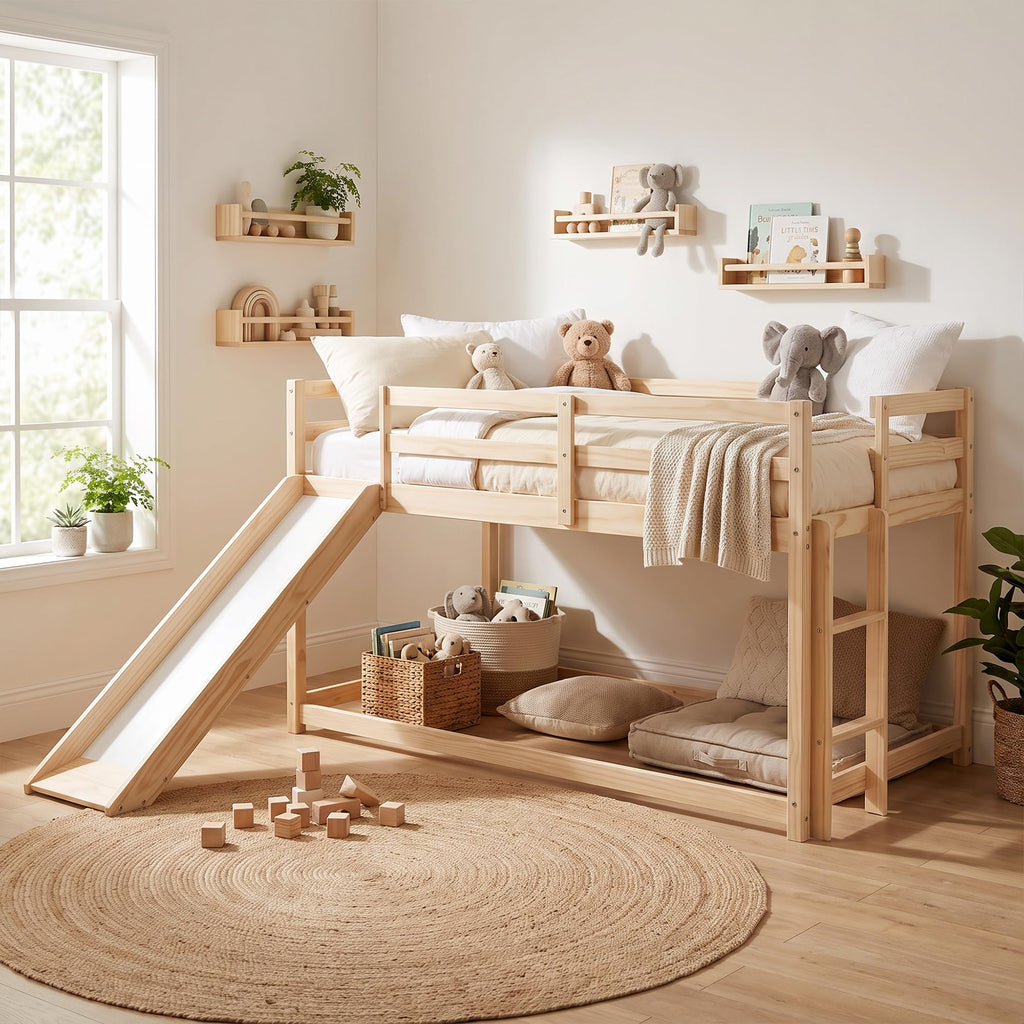 Twin Over Twin Solid Wood Bunk Bed with Slide and Ladder J12293