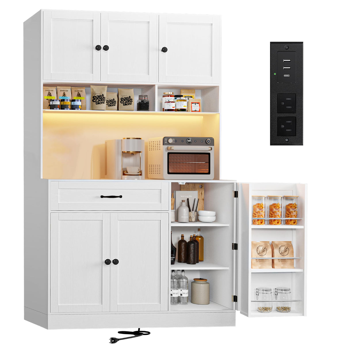 72" Kitchen Pantry Cabinet with LED Light and Charging Station N978