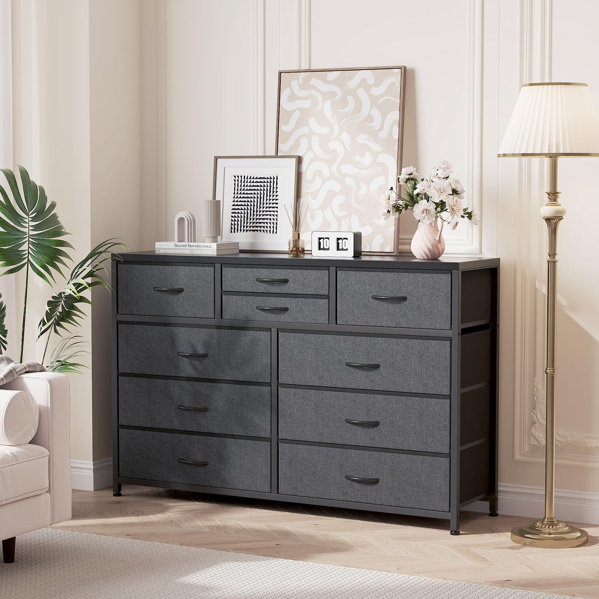 10 Drawer Fabric Dresser with Wood Top U43163