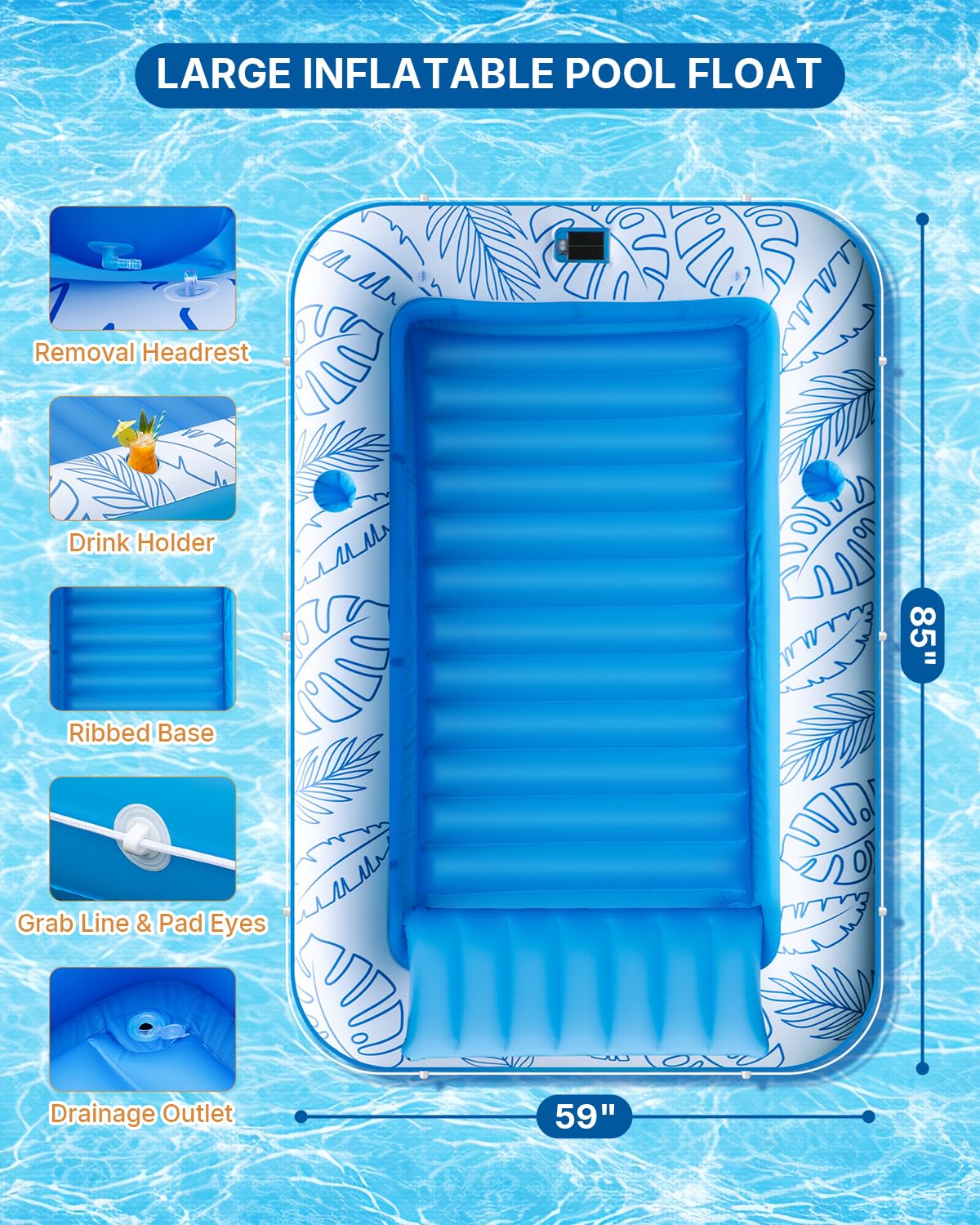 Inflatable Tanning Pool Float with Lights and Pillow T4522