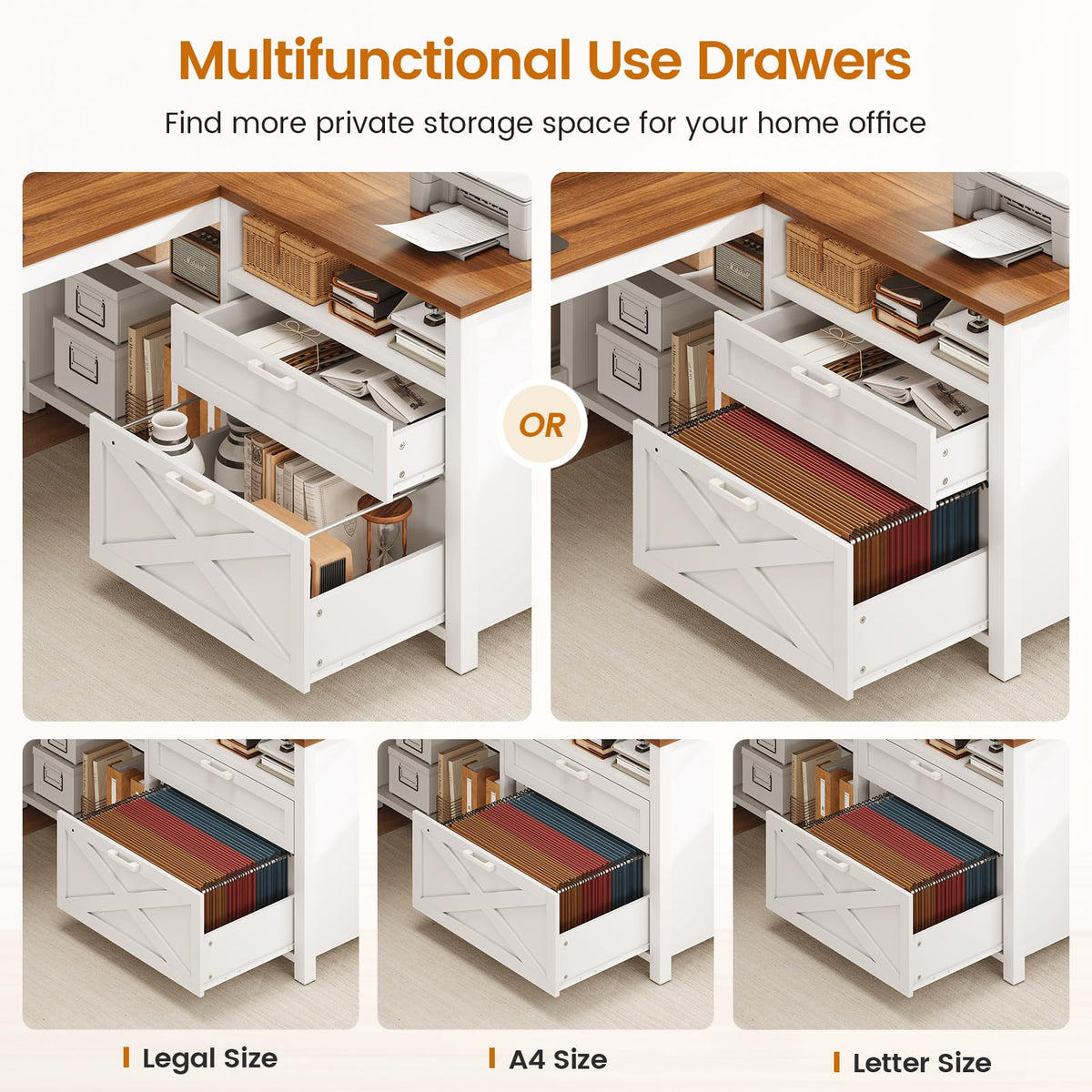 Brown L Shaped Desk with Drawers and Storage Shelves E987737