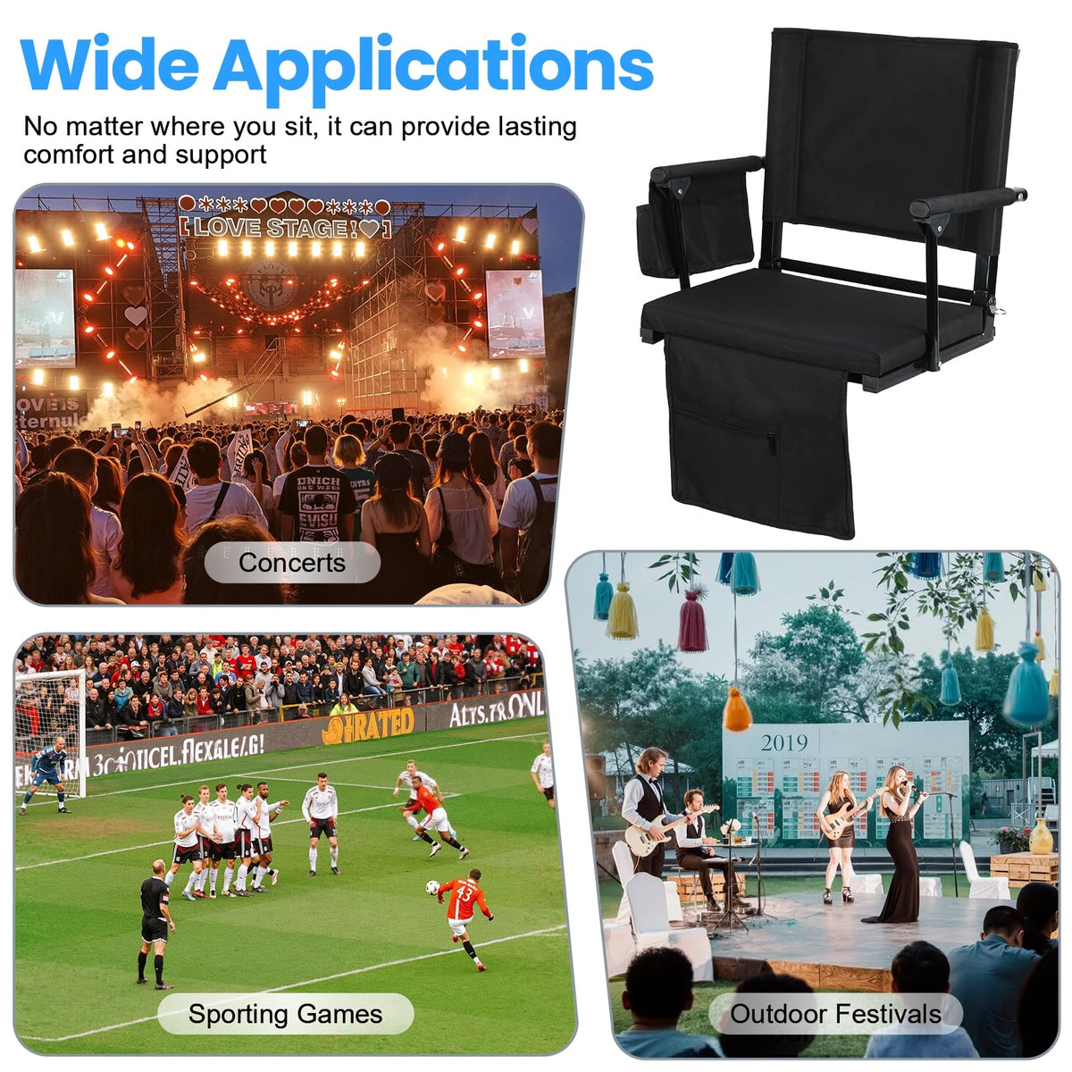 2 Pcs Folding Stadium Seat with Back Support & Cushion Black T4183