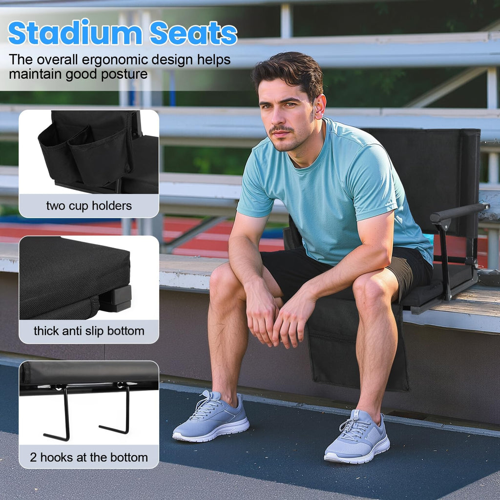 2 Pcs Folding Stadium Seat with Back Support & Cushion Black T4183