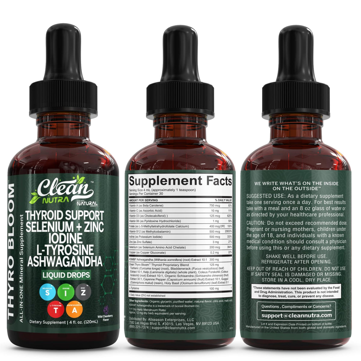 Liquid Thyroid Support Drops with Iodine Selenium Zinc Ashwagandha 4oz T60687