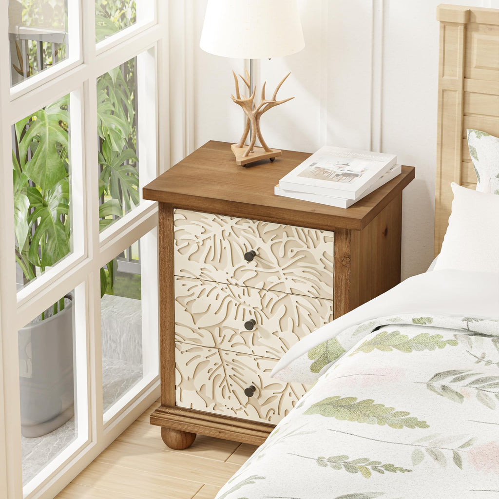 Rustic 3-Drawer Nightstand with Leaves Pattern Carved Z306