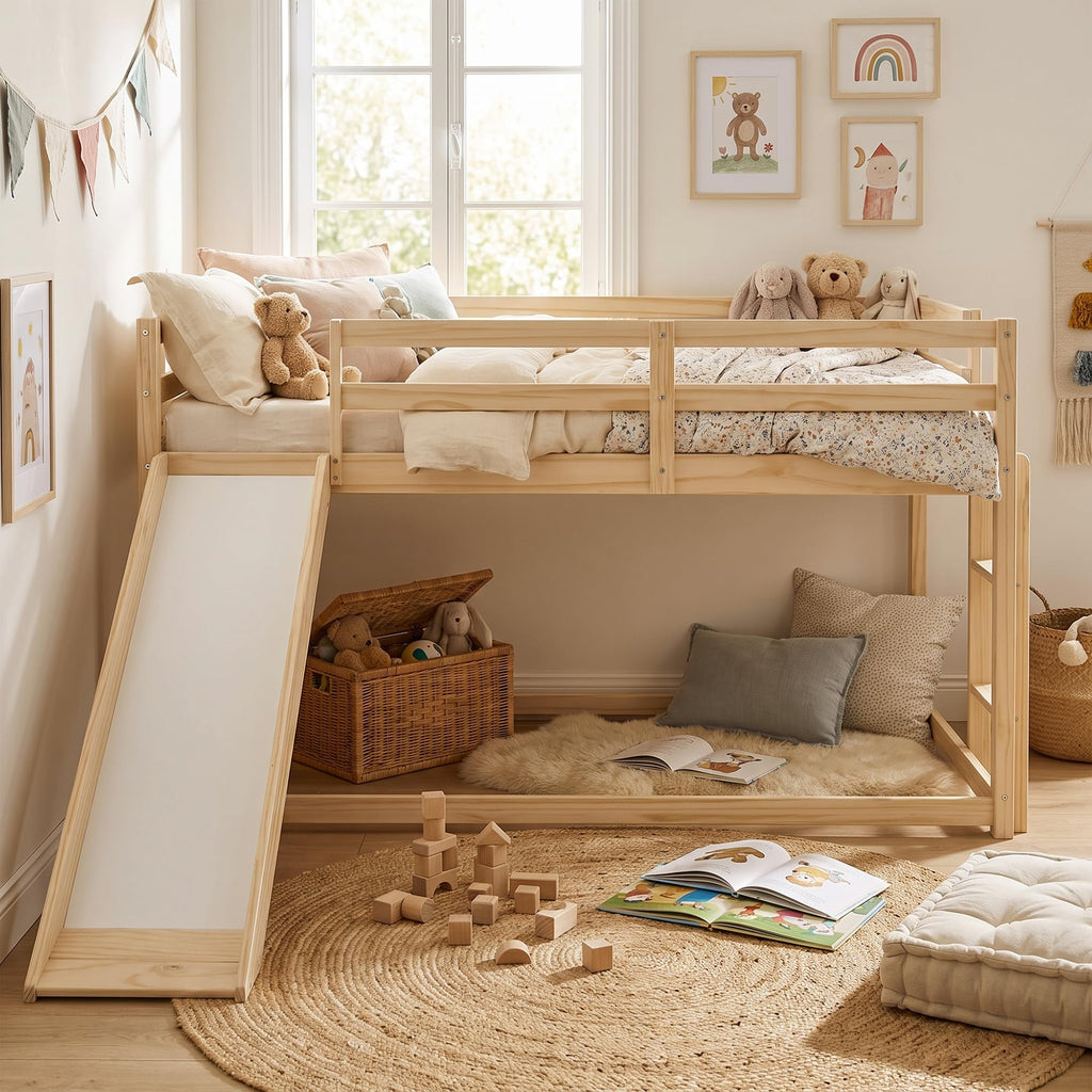 Twin Over Twin Solid Wood Bunk Bed with Slide and Ladder J12293