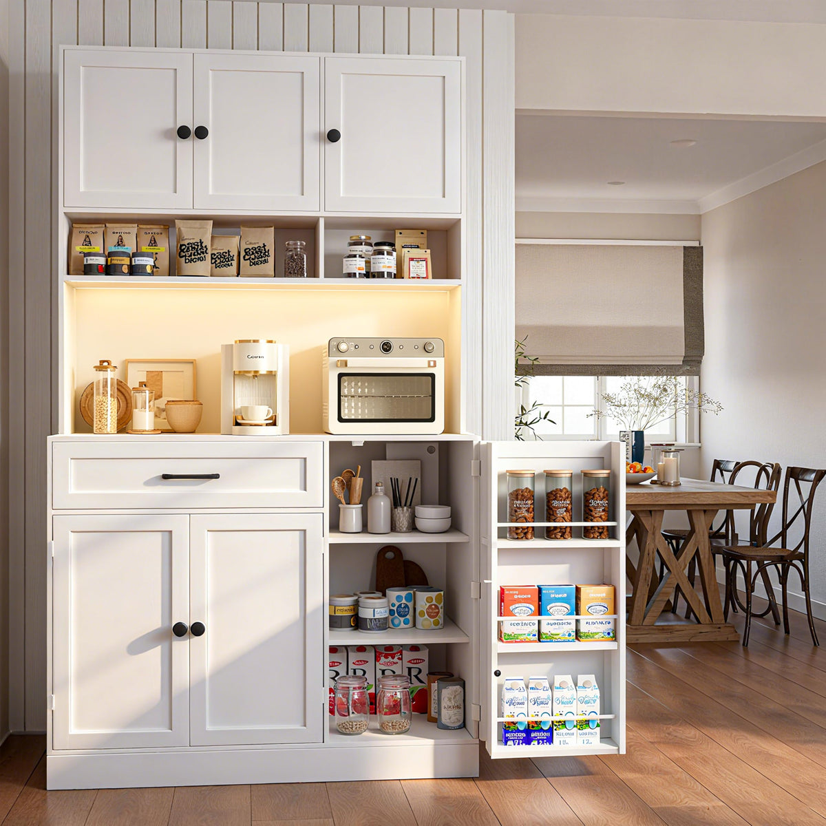 72" Kitchen Pantry Cabinet with LED Light and Charging Station N978