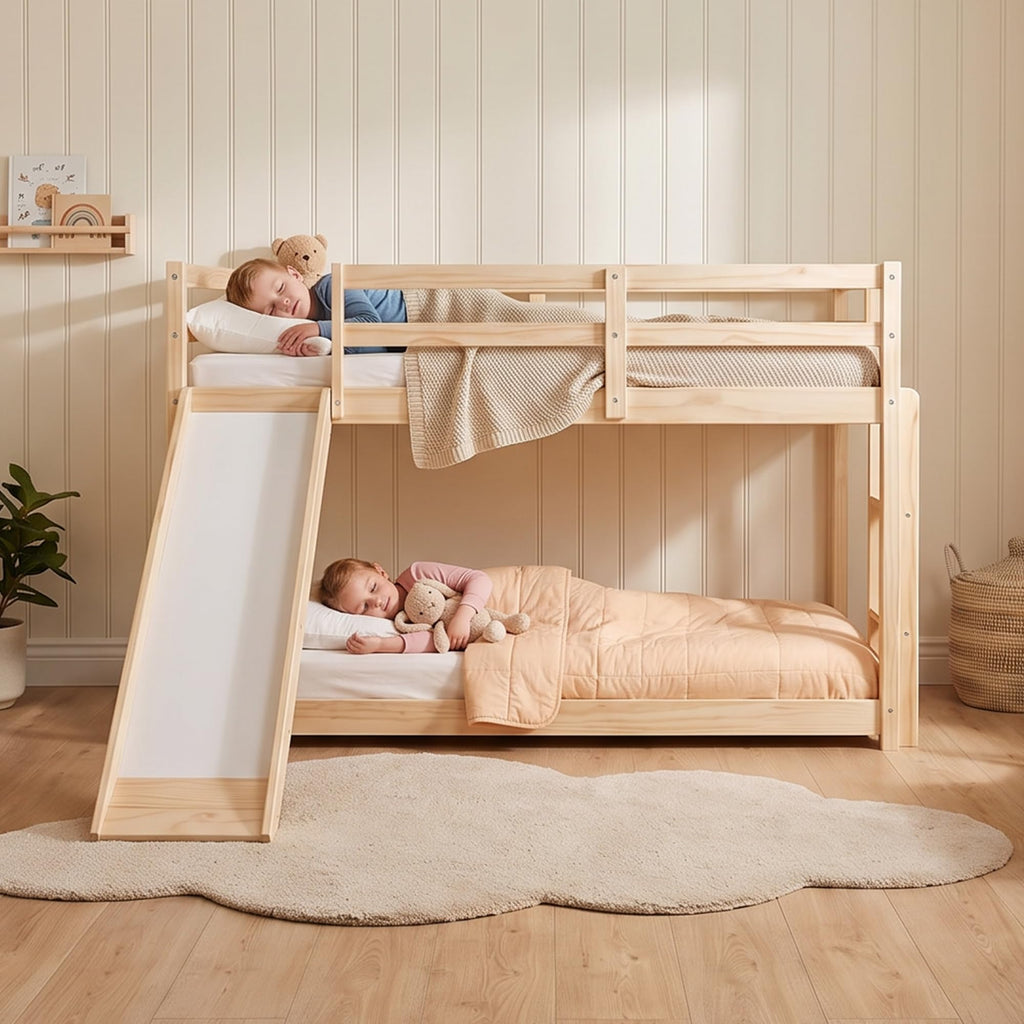 Twin Over Twin Solid Wood Bunk Bed with Slide and Ladder J12293