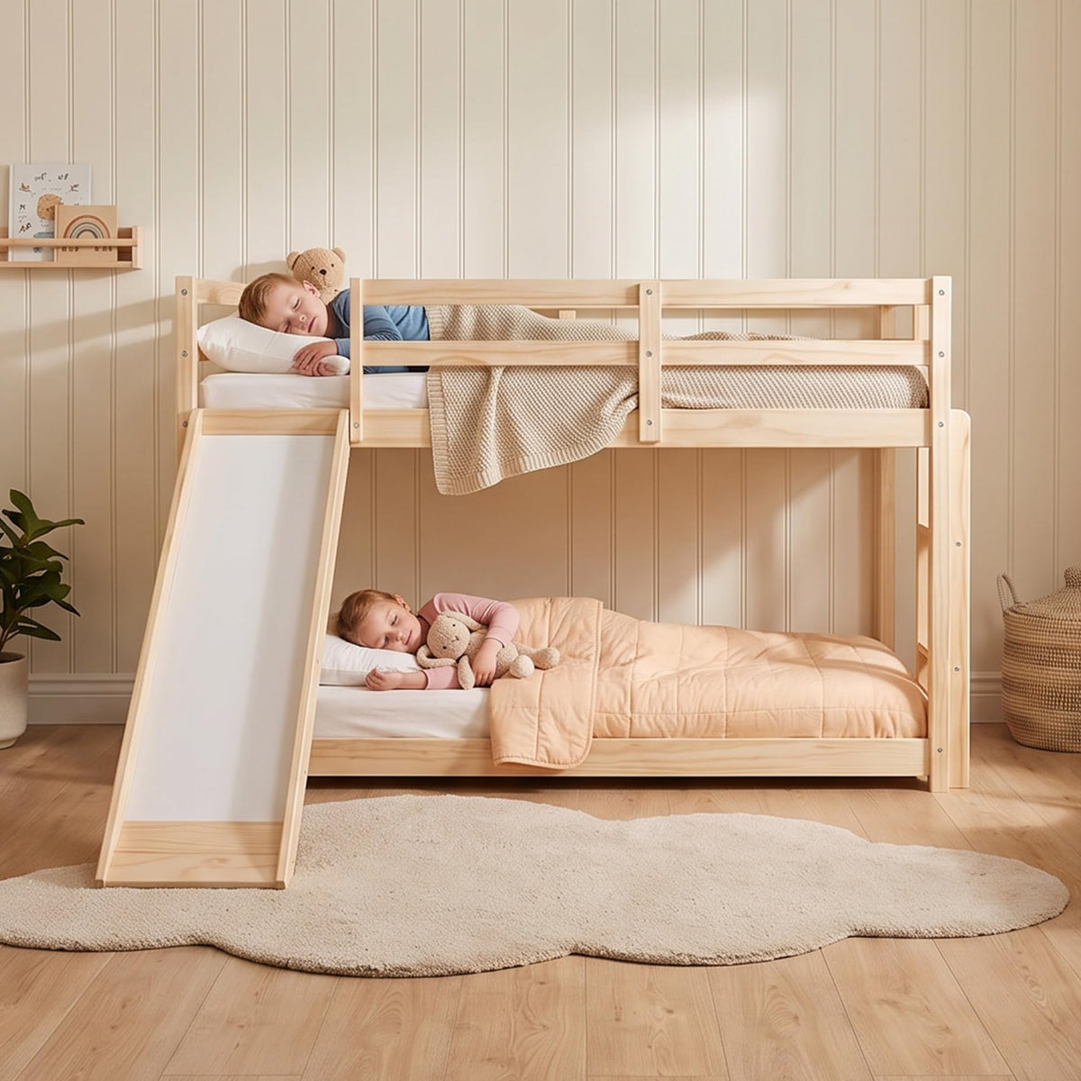 Twin Over Twin Solid Wood Bunk Bed with Slide and Ladder J12293