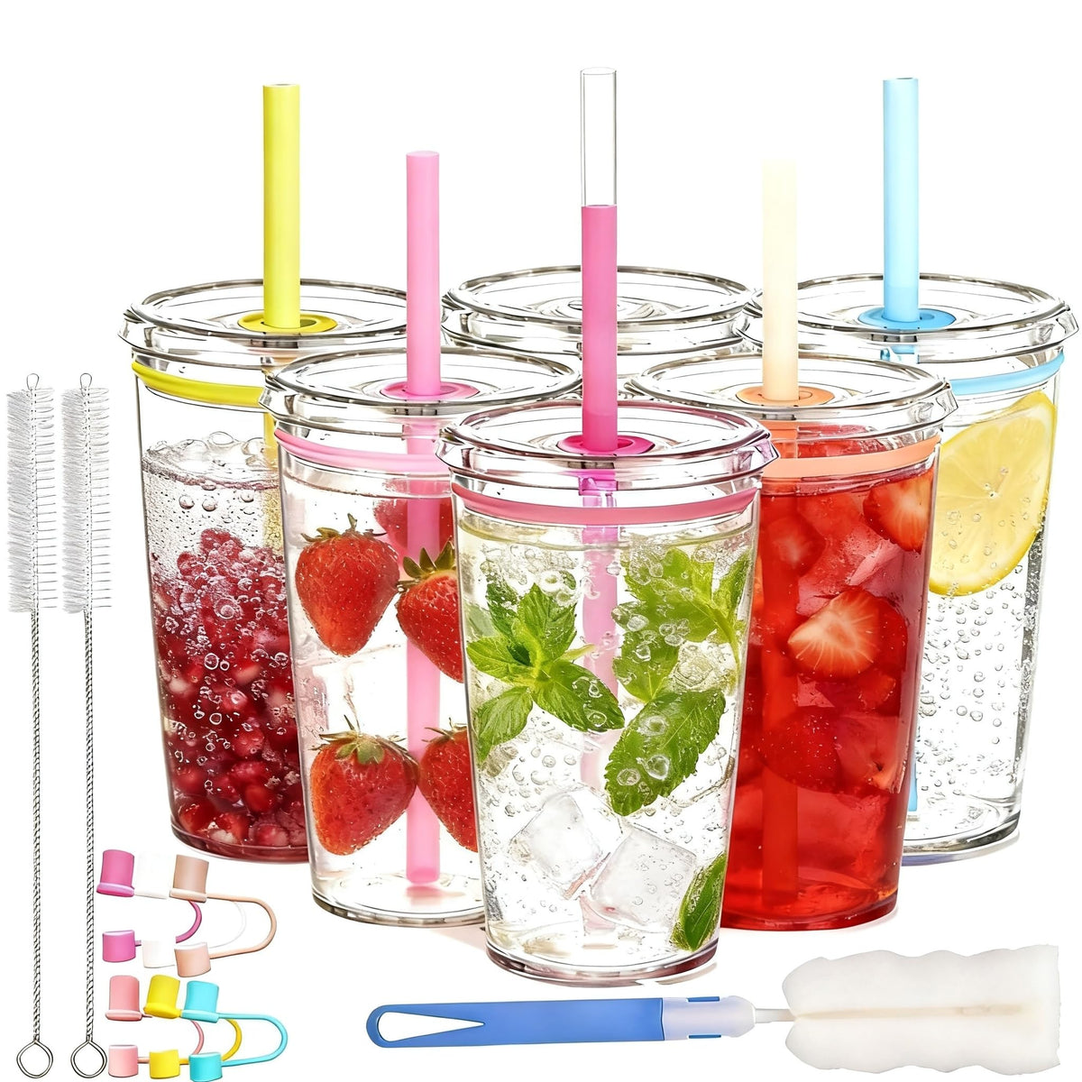 16 oz Plastic Tumbler Cup with Lid and Straw, 6 Pack J563