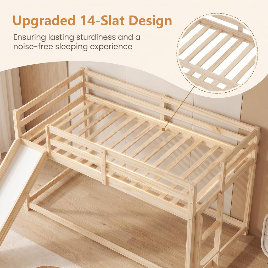 Twin Over Twin Solid Wood Bunk Bed with Slide and Ladder J12293