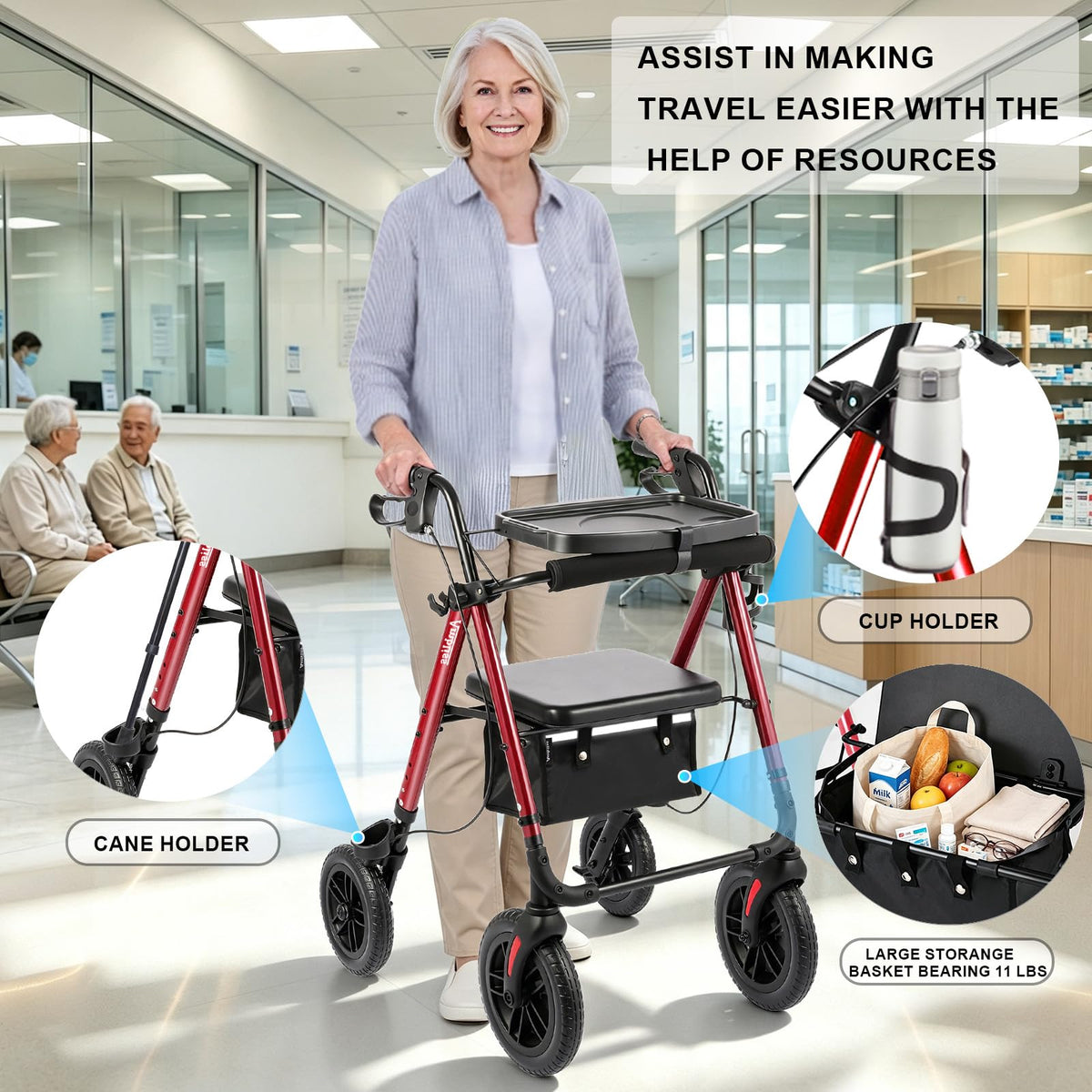Foldable Rollator Walker with Seat & Tray J754296