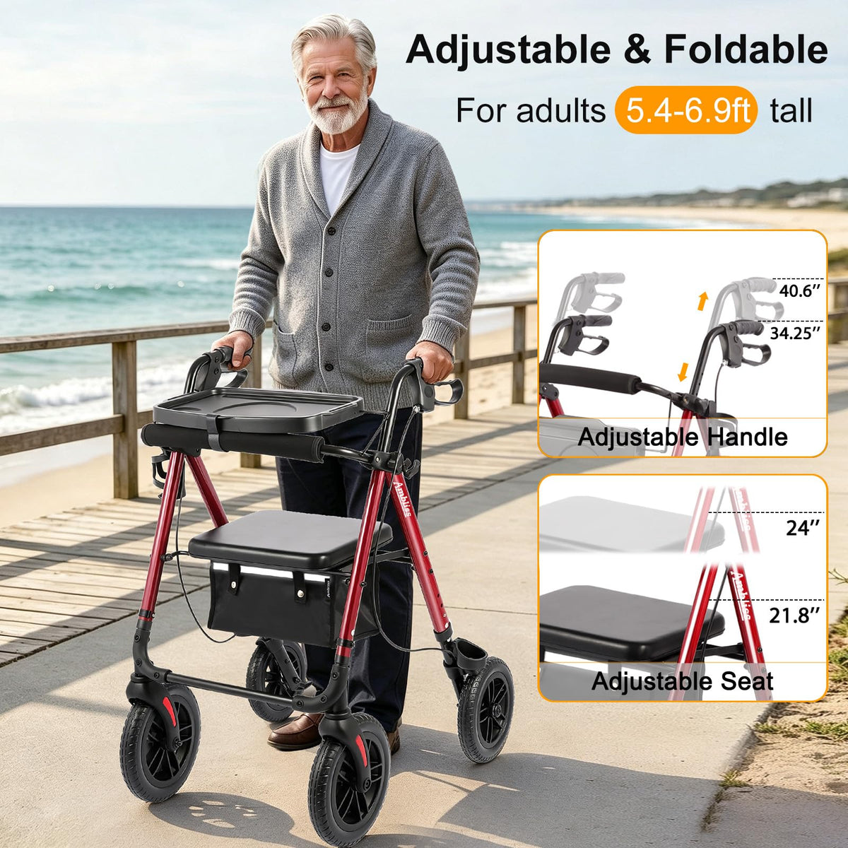 Foldable Rollator Walker with Seat & Tray J754296