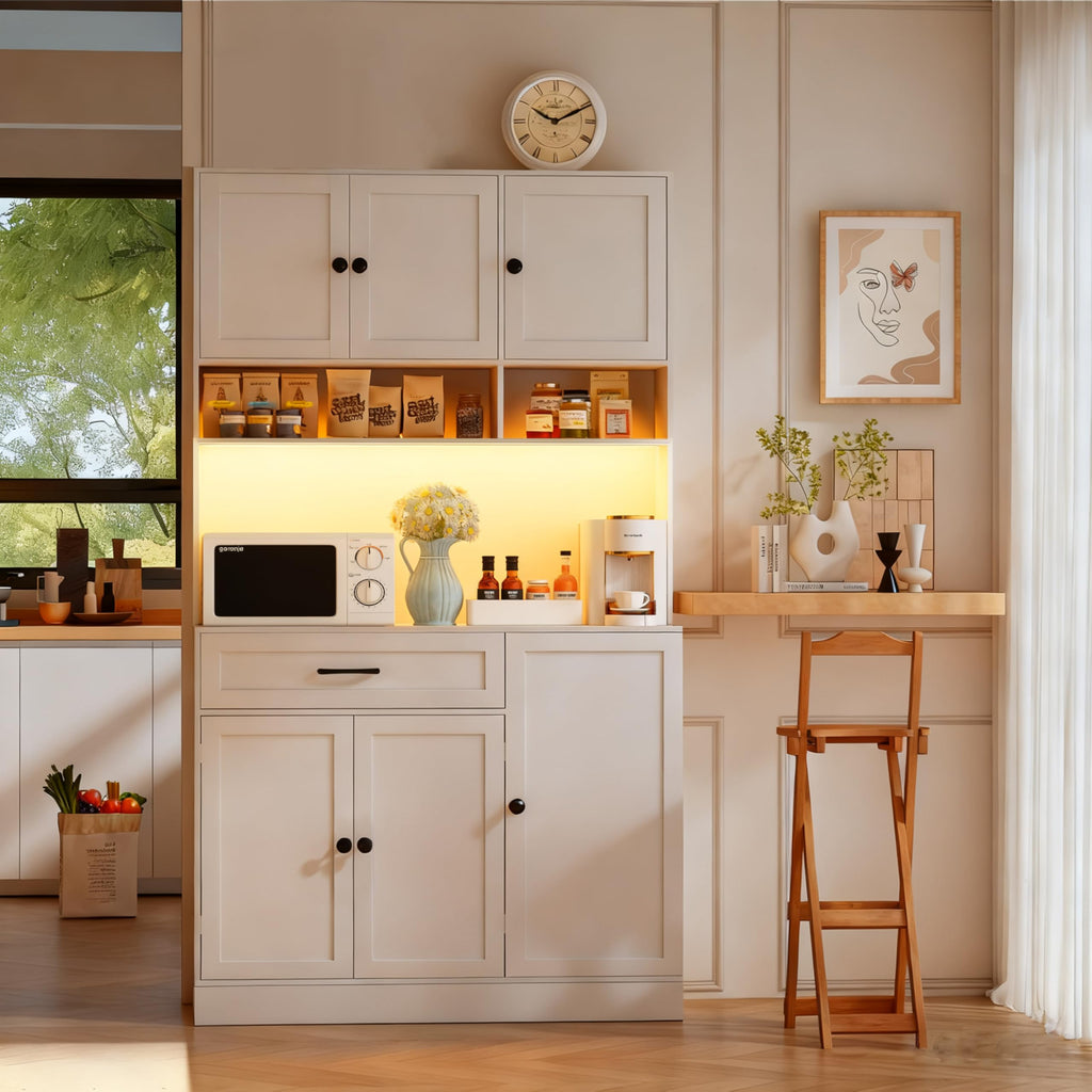 72" Kitchen Pantry Cabinet with LED Light and Charging Station N978