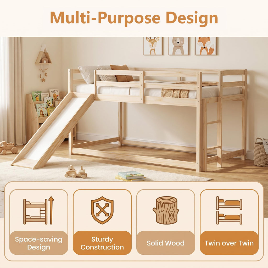 Twin Over Twin Solid Wood Bunk Bed with Slide and Ladder J12293