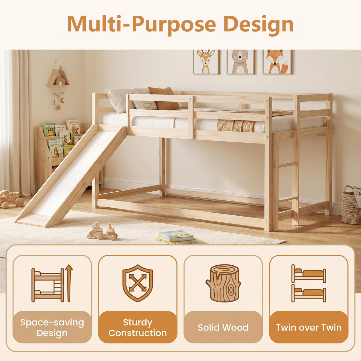 Twin Over Twin Solid Wood Bunk Bed with Slide and Ladder J12293
