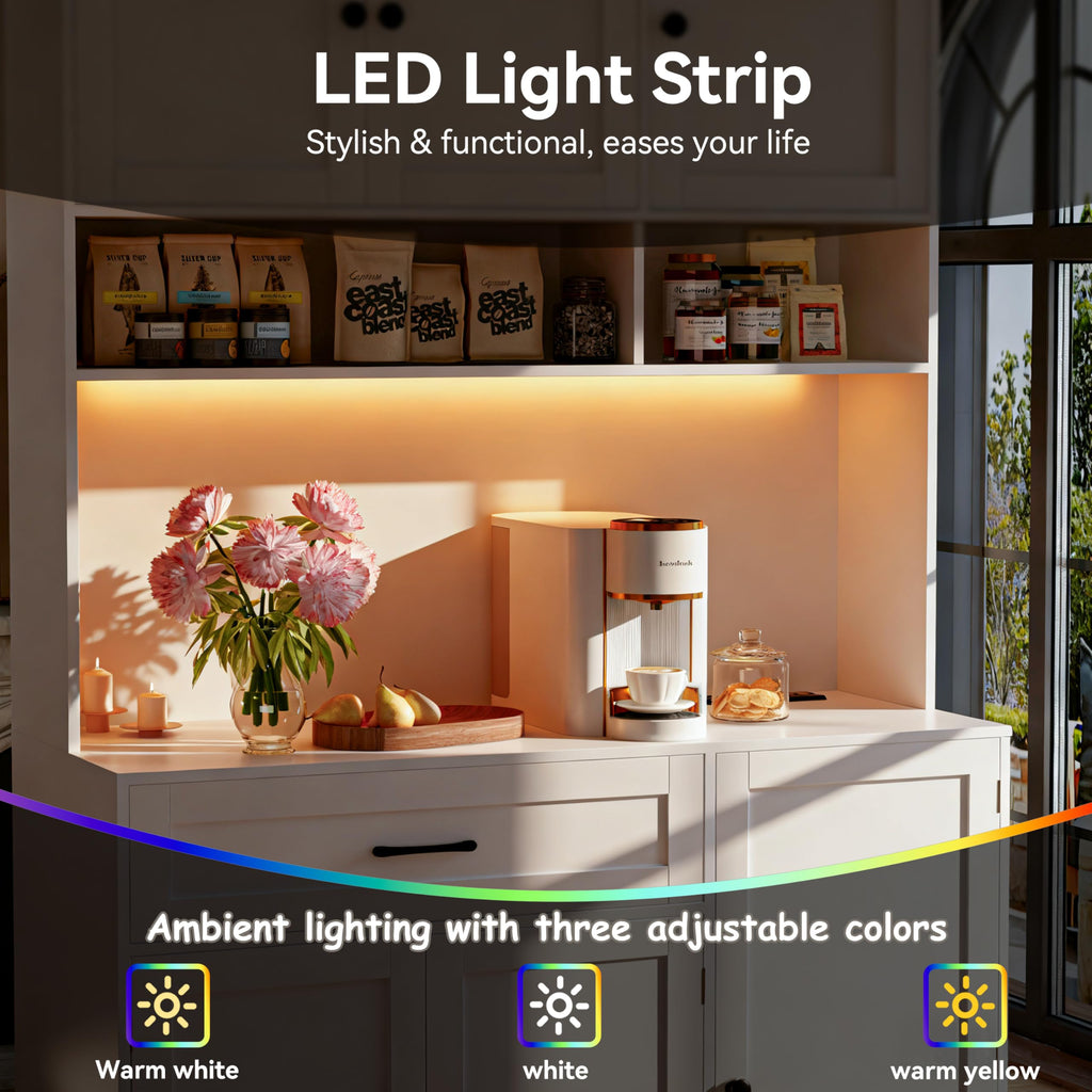 72" Kitchen Pantry Cabinet with LED Light and Charging Station N978