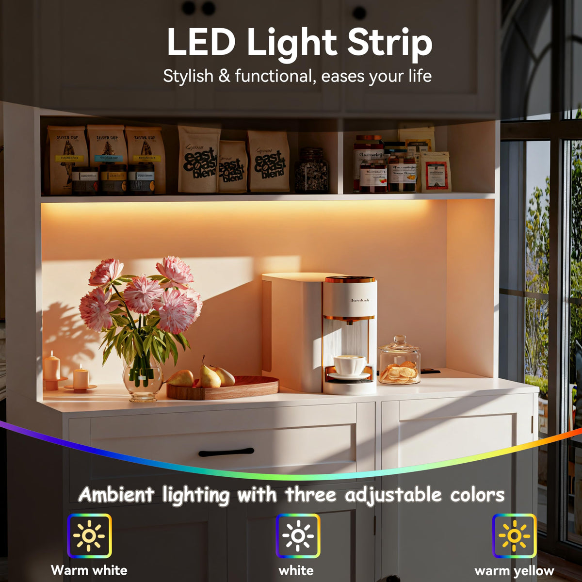 72" Kitchen Pantry Cabinet with LED Light and Charging Station N978