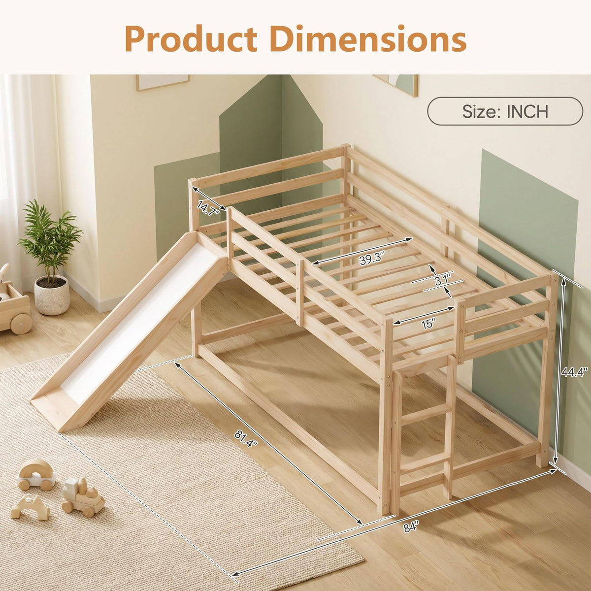 Twin Over Twin Solid Wood Bunk Bed with Slide and Ladder J12293