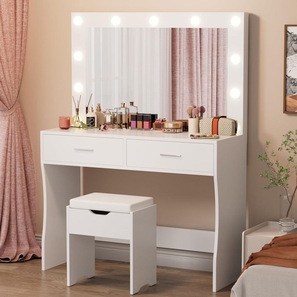 White Vanity Desk Set with Lighted Mirror and 2 Drawers L648