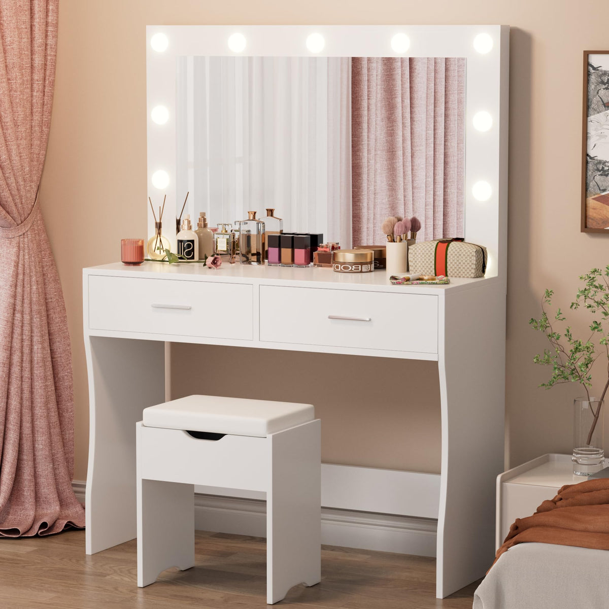 White Vanity Desk Set with Lighted Mirror and 2 Drawers L648