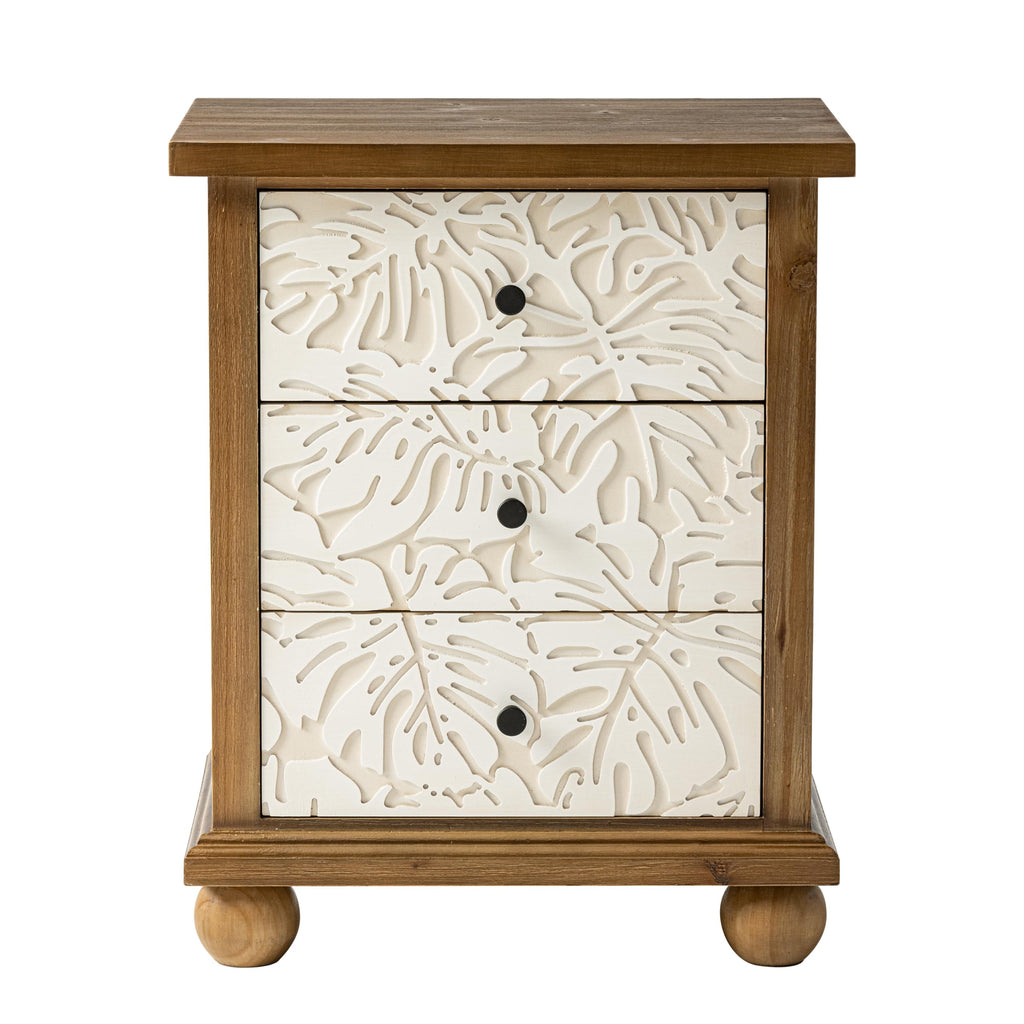 Rustic 3-Drawer Nightstand with Leaves Pattern Carved Z306
