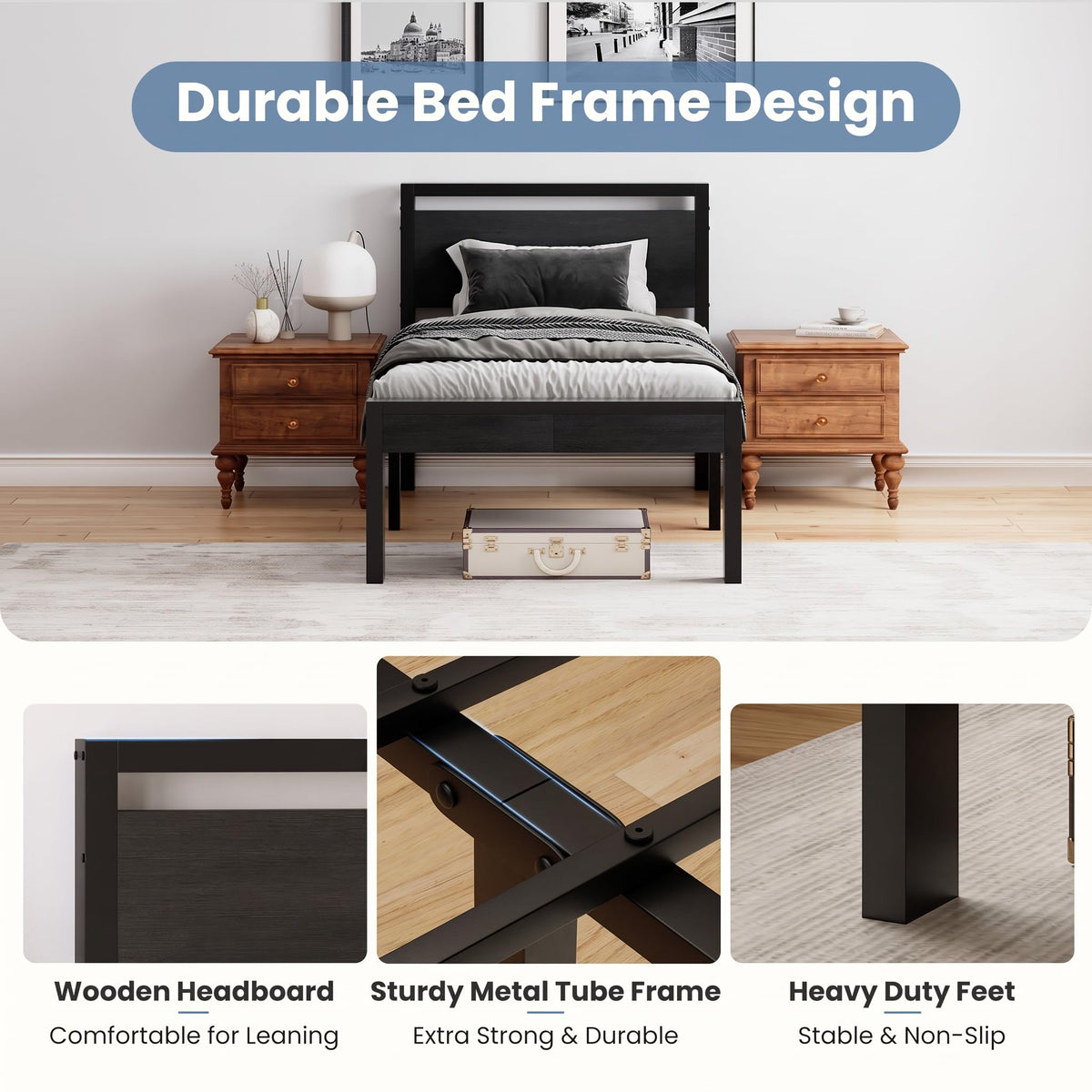 14 Inch Twin Size Metal Bed Frame with Wood Headboard U8116