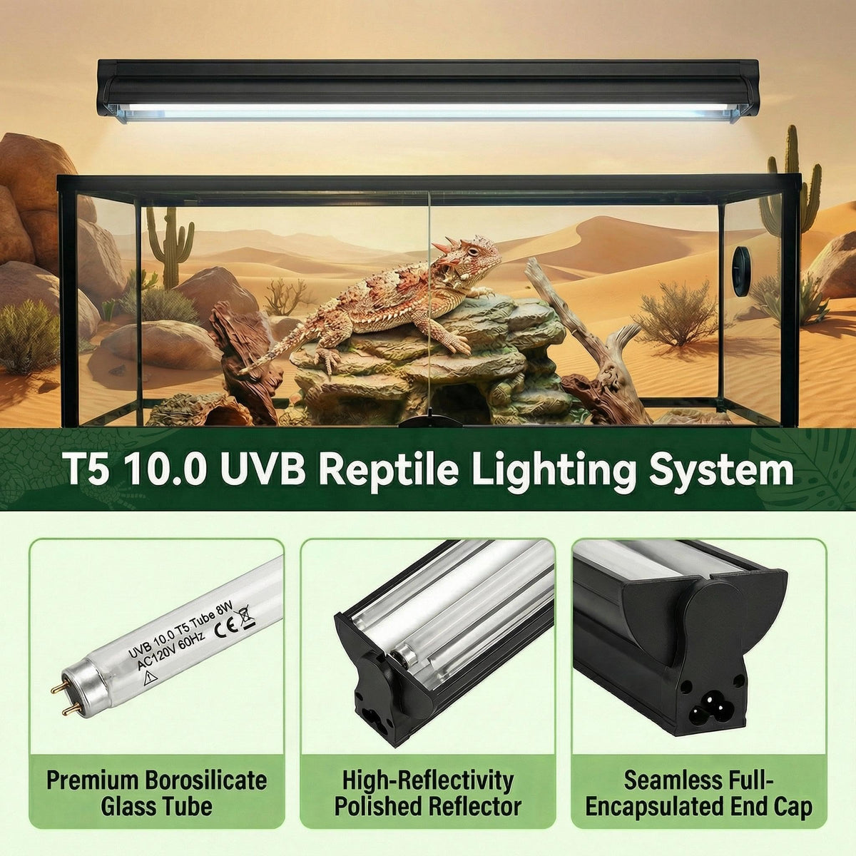 8W 10.0 12 Inch T5 UVB Reptile Light Fixture with Bulb H1102