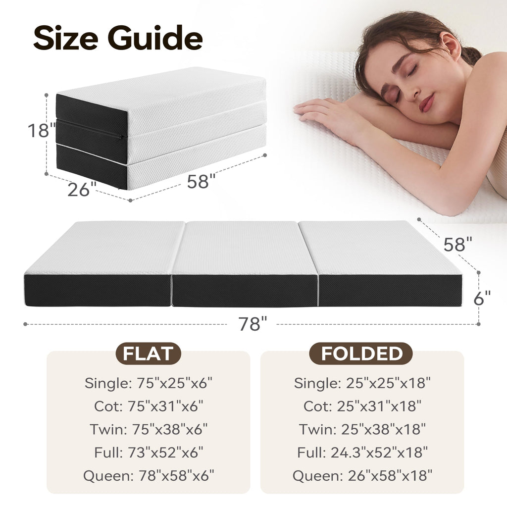 6 Inch Tri Fold Memory Foam Queen Mattress with Washable Cover J248541