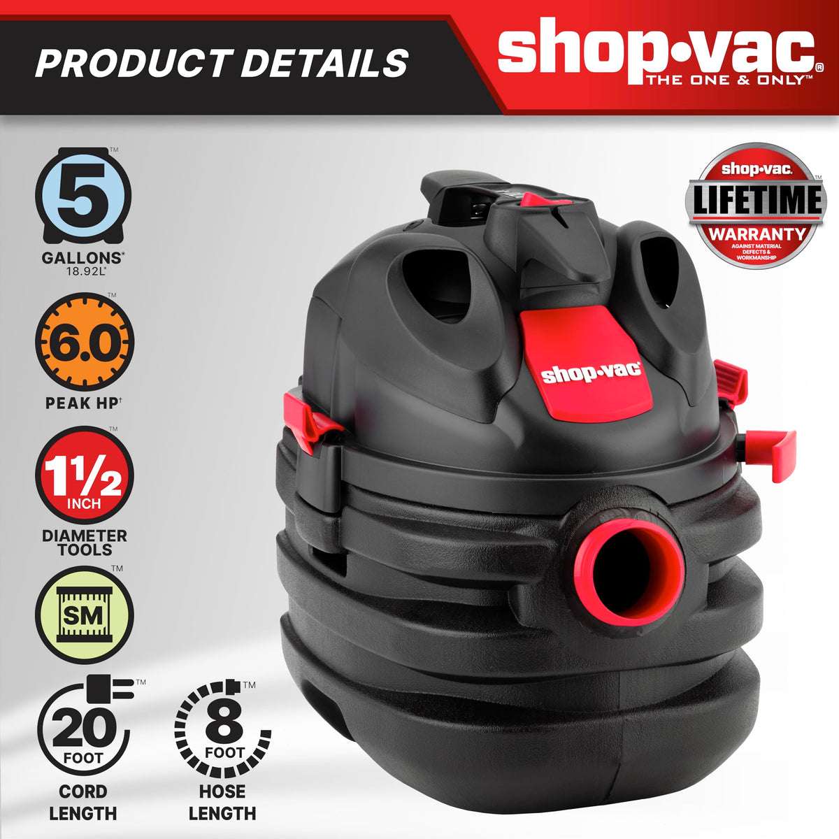 5 Gallon 6.0 Peak HP Portable Wet/Dry Vacuum V2139