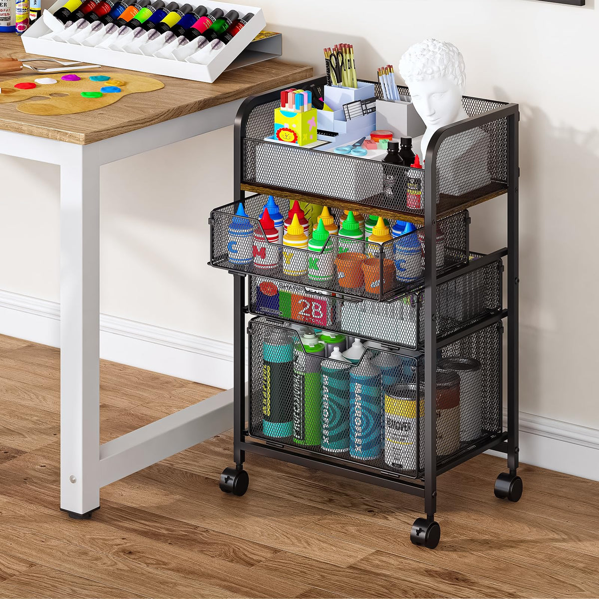 4-Tier Rolling Utility Cart with 3 Drawers C918