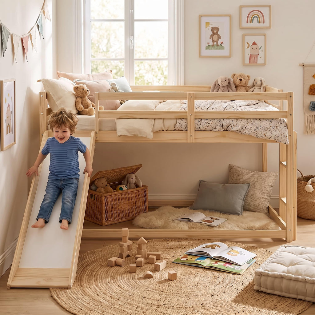 Twin Over Twin Solid Wood Bunk Bed with Slide and Ladder J12293
