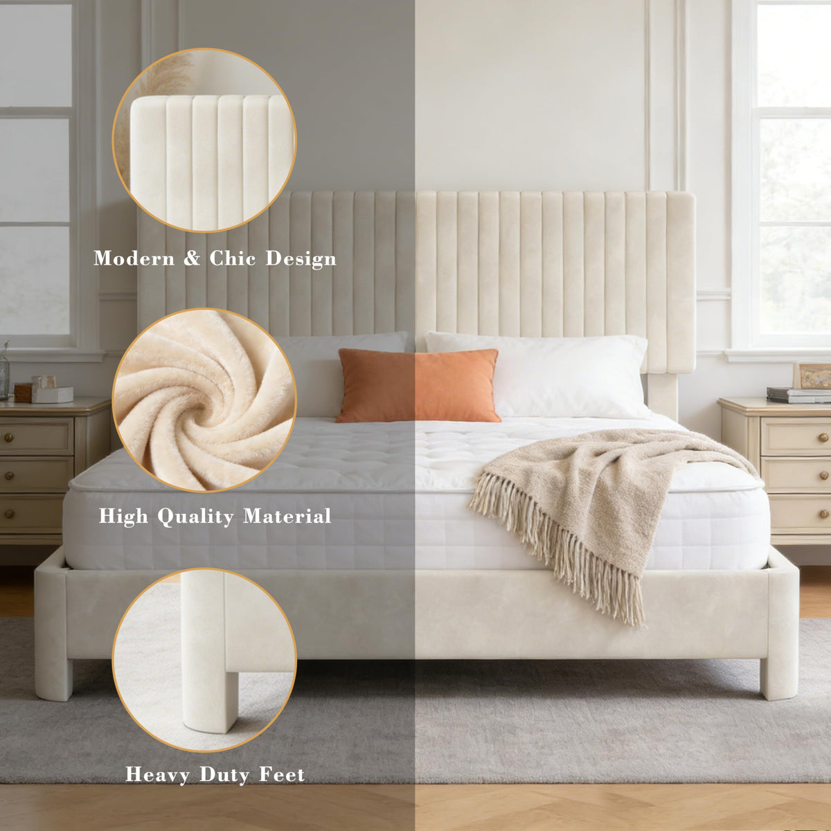 King Size Velvet Upholstered Bed Frame with Headboard J3881