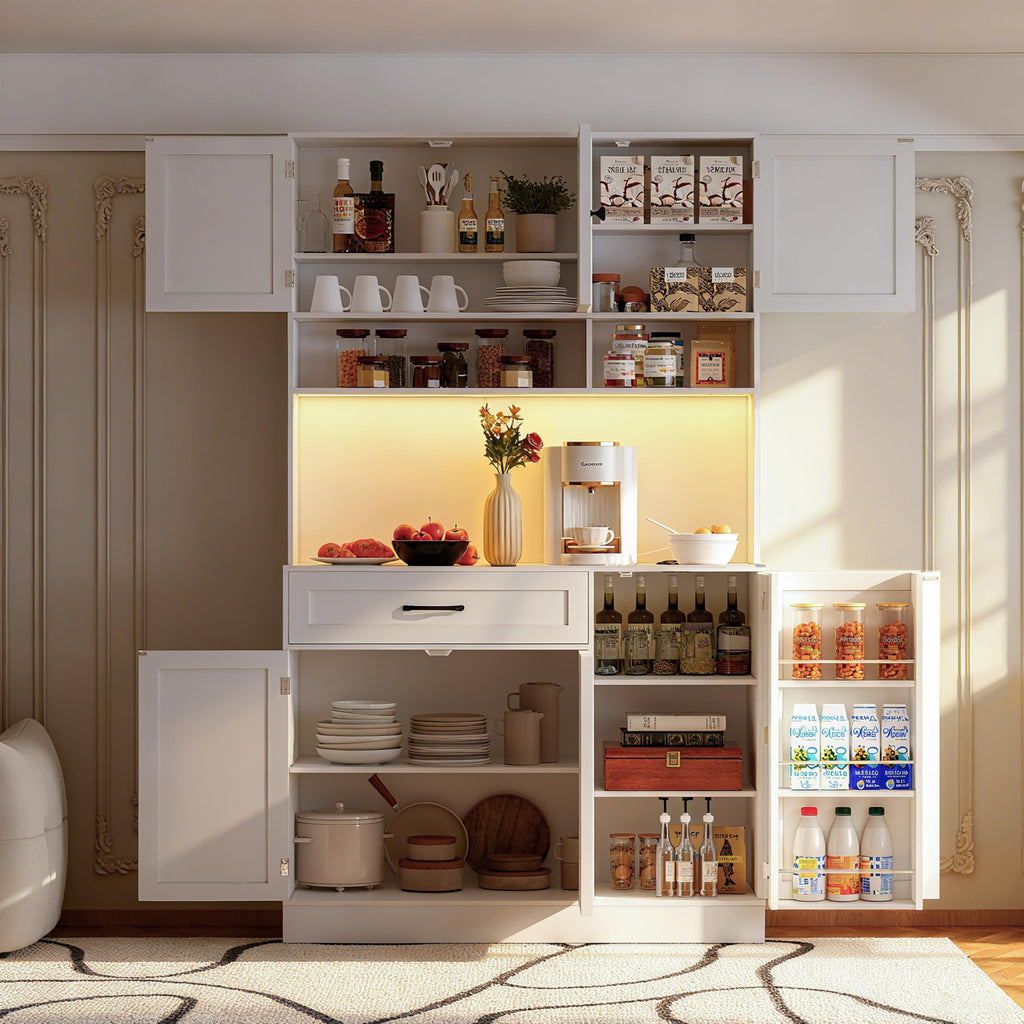 72" Kitchen Pantry Cabinet with LED Light and Charging Station N978