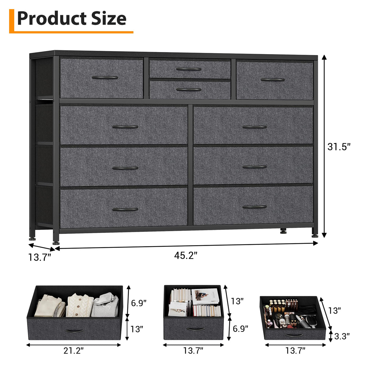10 Drawer Fabric Dresser with Wood Top U43163