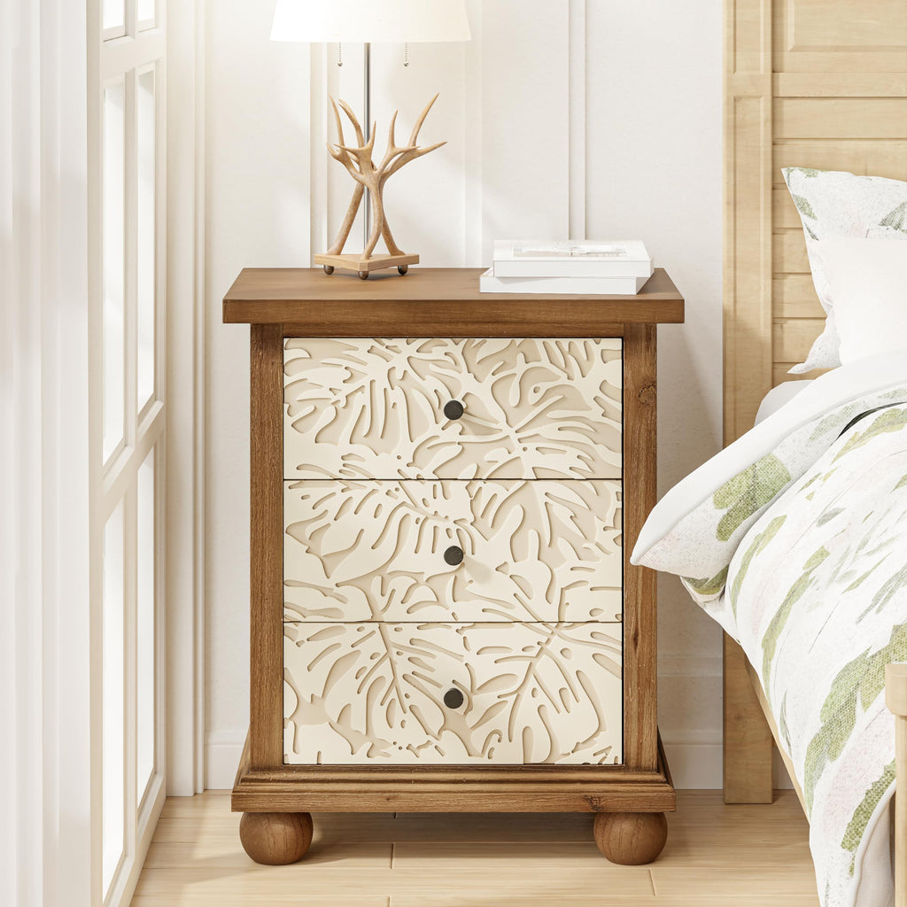 Rustic 3-Drawer Nightstand with Leaves Pattern Carved Z306