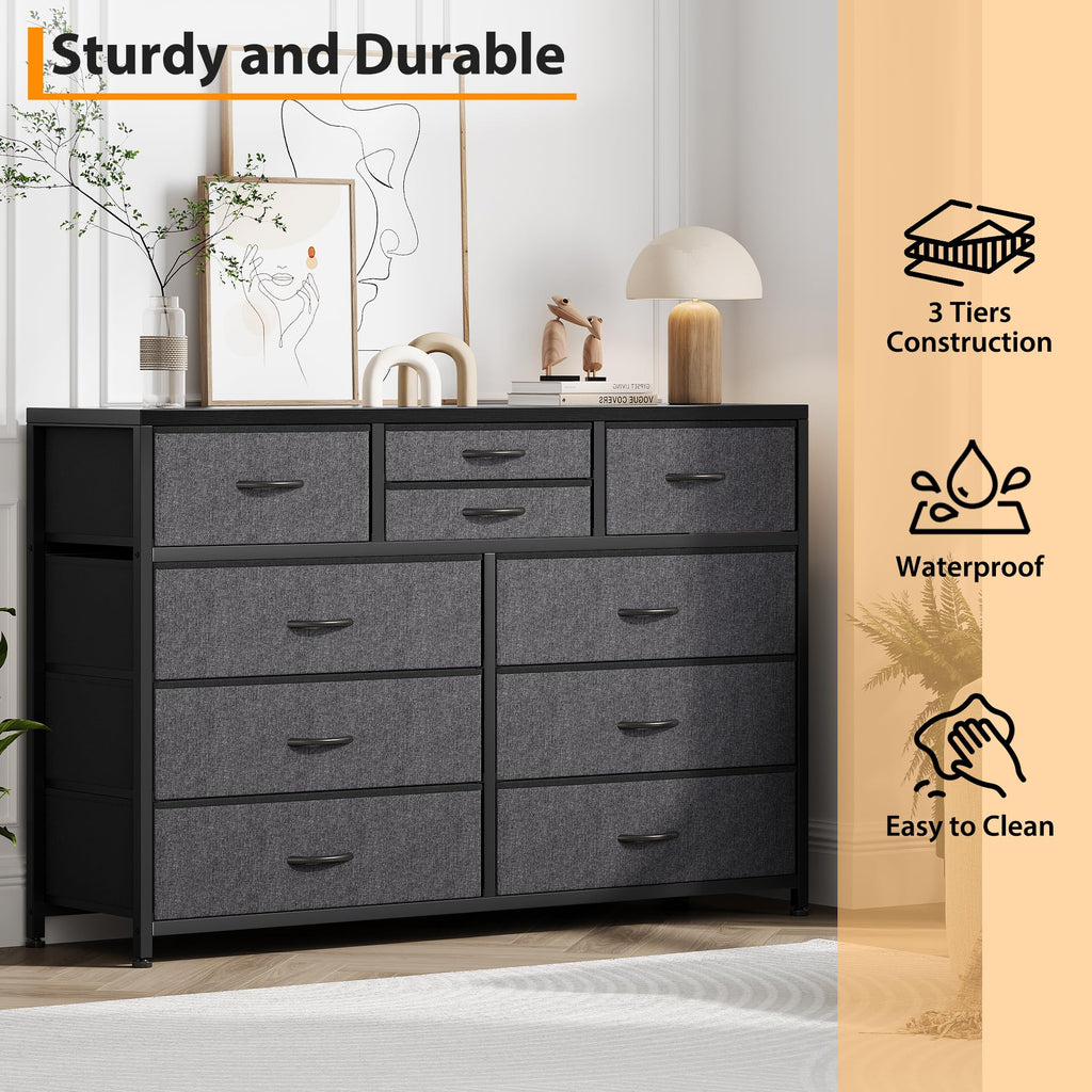 10 Drawer Fabric Dresser with Wood Top U43163