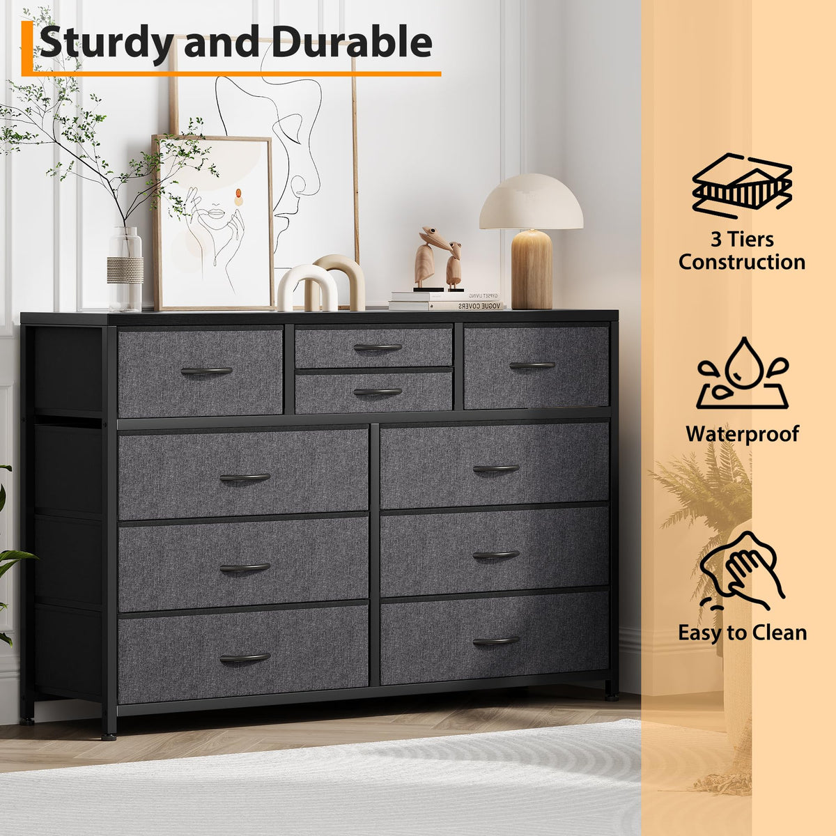 10 Drawer Fabric Dresser with Wood Top U43163