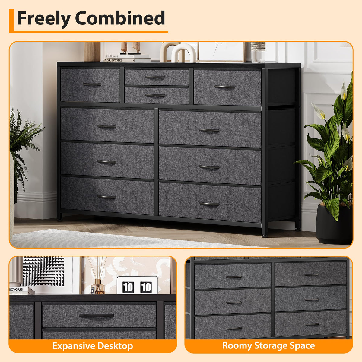 10 Drawer Fabric Dresser with Wood Top U43163