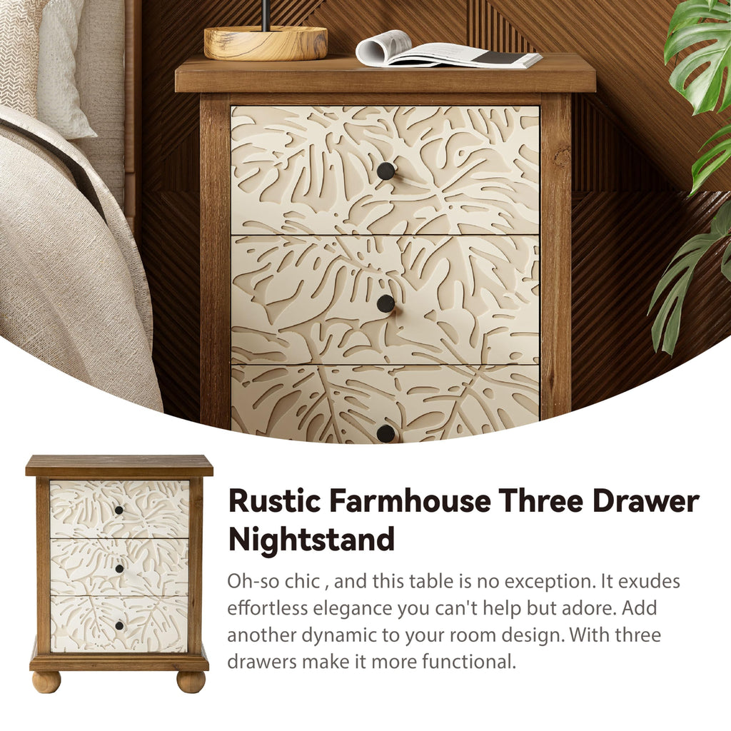 Rustic 3-Drawer Nightstand with Leaves Pattern Carved Z306