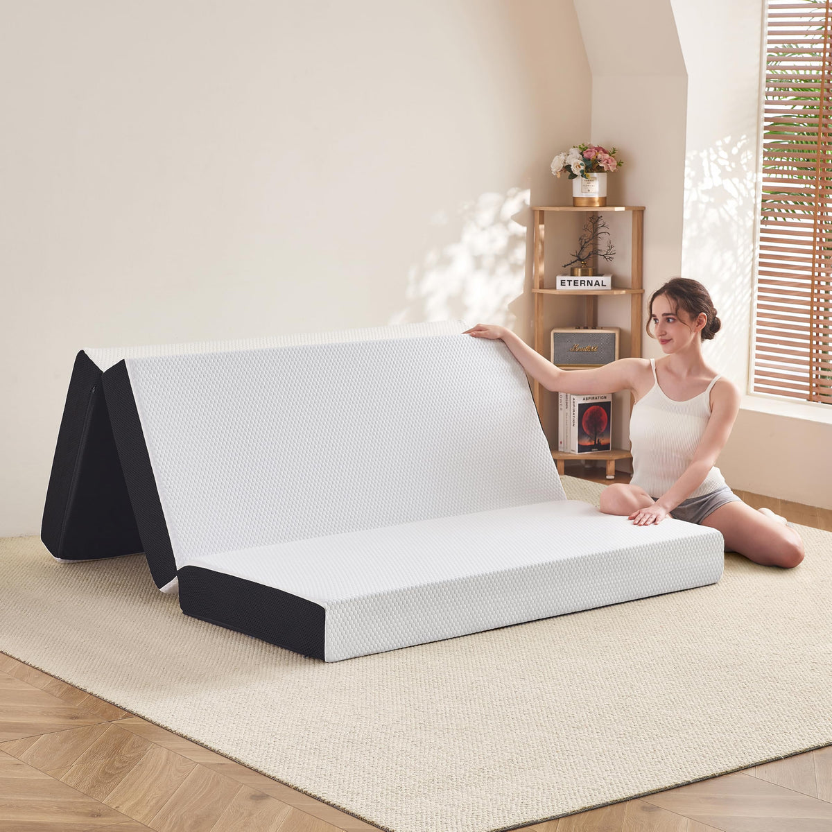 6 Inch Tri Fold Memory Foam Queen Mattress with Washable Cover J248541