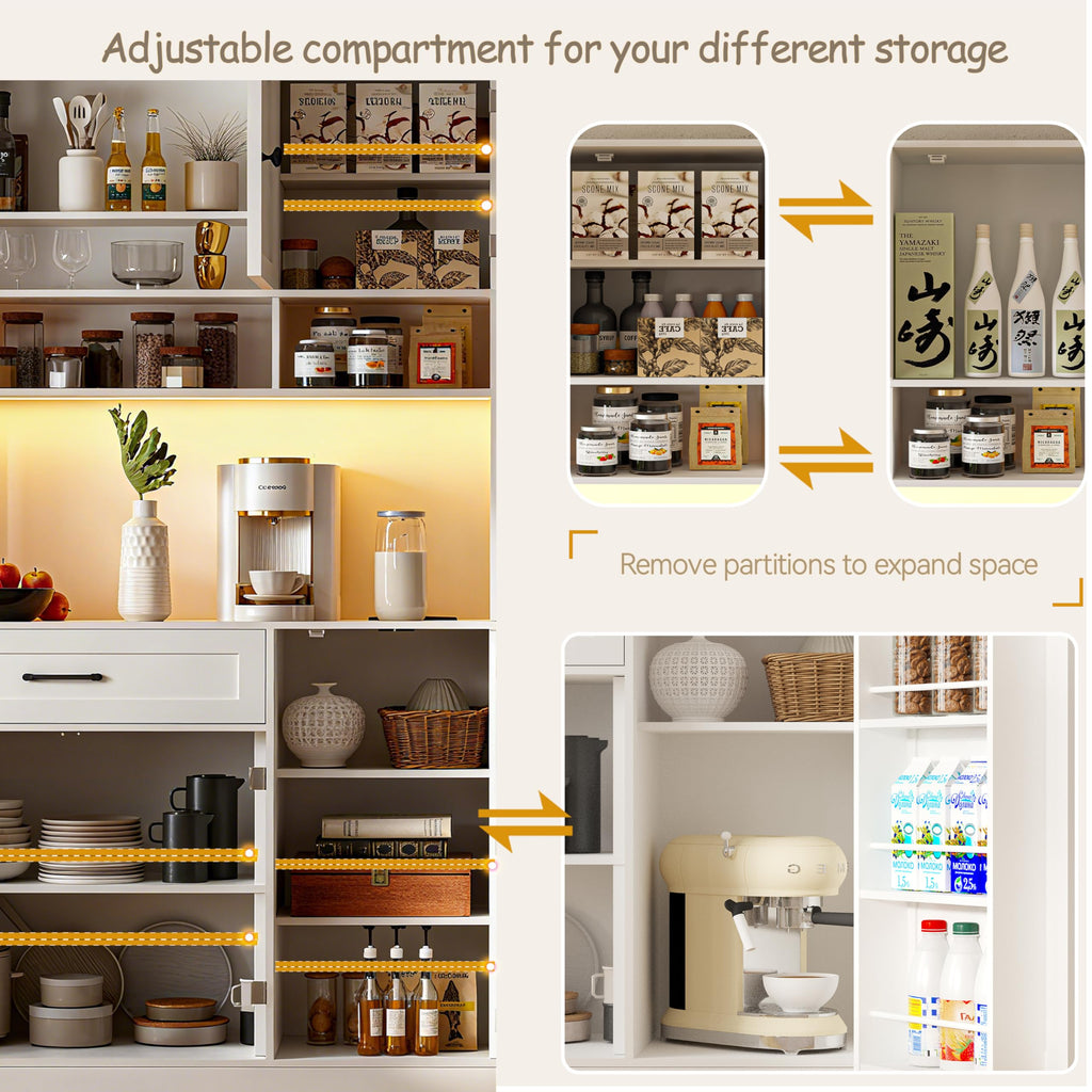 72" Kitchen Pantry Cabinet with LED Light and Charging Station N978