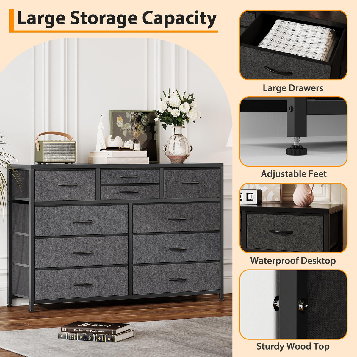 10 Drawer Fabric Dresser with Wood Top U43163